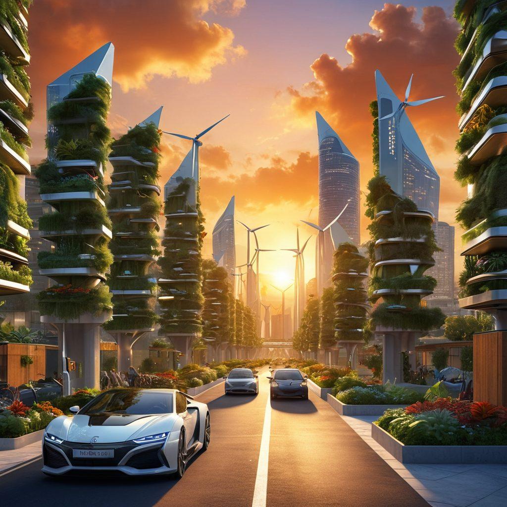 A futuristic cityscape powered by renewable energy sources, featuring wind turbines on rooftops, solar panels, and electric vehicles zipping by. The skyline is adorned with greenery, showcasing vertical gardens and lively community spaces. The atmosphere is bright and optimistic, with a vibrant sunset casting warm tones over the scene. Convey a sense of harmony between technology and nature. super-realistic. vibrant colors.