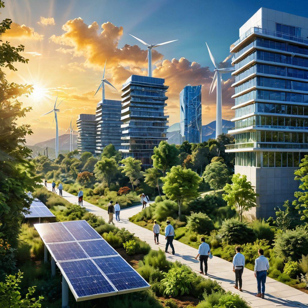 A futuristic landscape featuring innovative clean energy technologies, such as solar panels, wind turbines, and energy-efficient buildings. In the foreground, diverse engineers and scientists collaborate on creative designs, while lush greenery surrounds the scene, symbolizing harmony with nature. The sky is bright with a radiant sun, representing hope and progress. The overall mood is one of inspiration and collaboration. vibrant colors. super-realistic. dynamic composition.