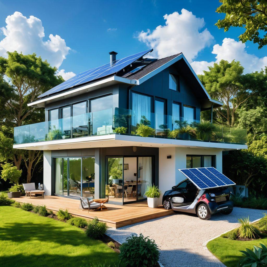 A futuristic home surrounded by lush greenery, equipped with smart solar panels, wind turbines, and energy-efficient appliances. Show vibrant technological interfaces displaying real-time energy usage data and sustainable features. Include a diverse family smiling, engaging with their smart home devices. Bright, sunny sky with clouds, symbolizing clean energy. super-realistic. vibrant colors. eco-friendly theme.